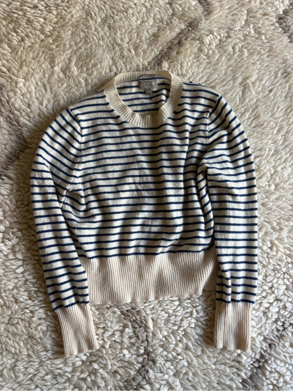J.Crew Women's Cream and Navy Striped Crewneck Sweater Cashmere